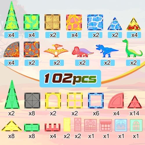 102PCS Dinosaur Toys Magnetic Tiles with 8 Dinosaurs - Jurassic Scenes Dinosaur World Adventure Set, Magnetic Blocks Kids Toys for Boys & Girls Ages 3+, Sensory Toddler Toys Creative Kids Games Gifts
