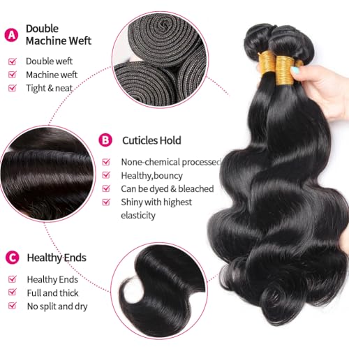 12A Human Hair Bundles Body Wave Bundles Human Hair 14 14 14 Inch 100% Unprocessed Brazilian Virgin Hair Body Wave 3 Bundles Human Hair Extensions for Black Women Natural Color