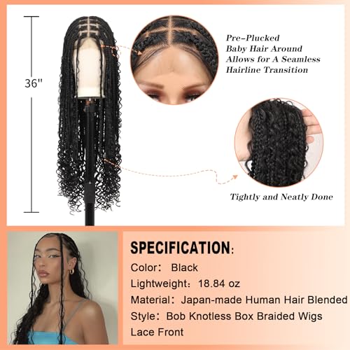 13x8 HD Lace Front Braided Wigs Knotless Boho Braided Wigs for Women Box Braid Wig With Baby Hair Human Hair Blended Long Braids Lace Front Wig 36 Inch Black