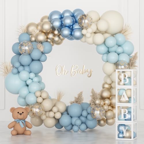153pcs Dusty Blue Balloon Baby Shower Decorations for Boy with Baby Boxes, Blue Balloon Arch Kit Baby Boxes with Letter (A-Z+Baby) for Boho Baby Shower Boy Birthday Gender Reveal Party Supplies