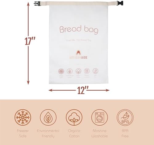 12x17 Bread Bag, Bread Storage for Homemade Sourdough, Reusable Bread Bags for Homemade Bread, Buckle Closure, Machine Washable, Freezer Safe, BPA Free, Gifts for Sourdough Bakers