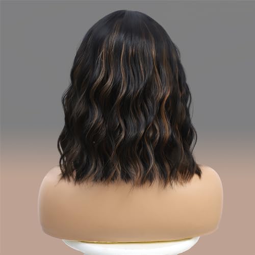 14 Inch Black Mixed Brown Highlights Wigs for Women Short Wavy Curly Wig With Bangs Natural Looking Synthetic Hair Wigs Heat Resistant Fiber Wig for Daily Party (Black Mixed Brown)