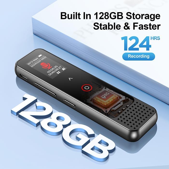 128GB Digital Voice Recorder with Playback, Small Voice Activated Recording Device for Lectures & Meetings, Bluetooth Noise Cancelling Audio Recorder Device (Black)