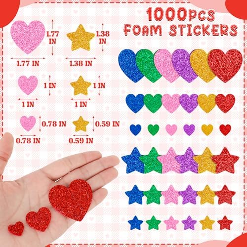 1000 PCS Foam Heart Stickers, Glitter Foam Hearts for Crafts, Self-Adhesive Valentine Day Decor, 3 Sizes Valentine Foam Stickers Heart Star Foam Stickers for Kids Crafts DIY Cards Envelop Frame