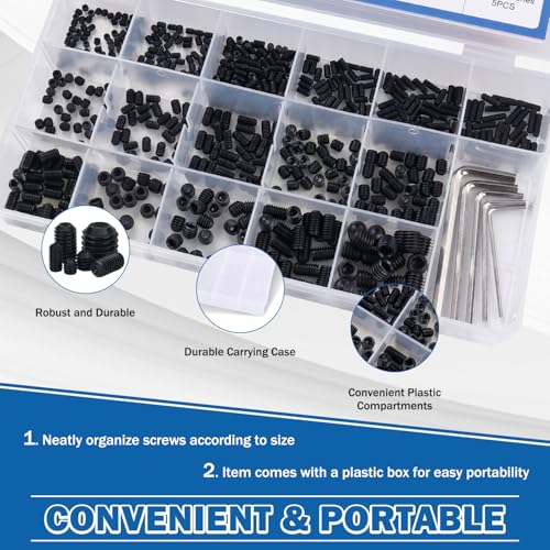 1130PCS Set Screws, 32 Sizes Metric & SAE Set Screw Assortment Kit, Allen Head Socket Hex Grub Screws for Bathroom Fixtures, Door Handles, Alloy Steel Black (M3-M8, 1/8"-40 to 5/16"-18)