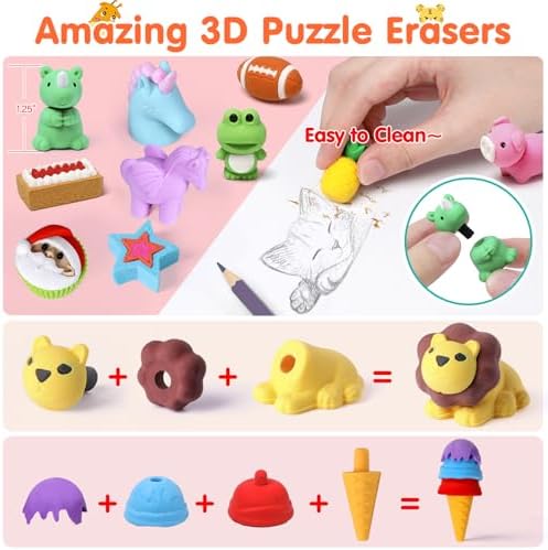 120 Pack Animal Pencil Erasers for Kids - Bulk Desk Pet Toy 3D Mini Puzzle Erasers Take Apart Treasure Box Toys Game Prize Party Favors Gift Classroom Prize Reward Back to School Supplies