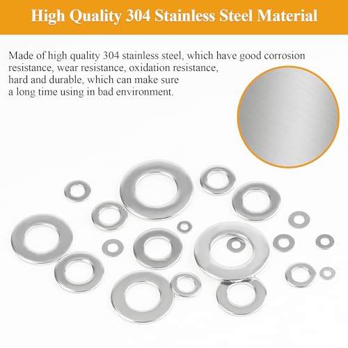 1000 Pieces 9 Sizes 304 Stainless Steel Flat Washers for Screws Bolts, Stainless Steel Washers, Metal Washers, Assorted Washers (M2 M2.5 M3 M4 M5 M6 M8 M10 M12)