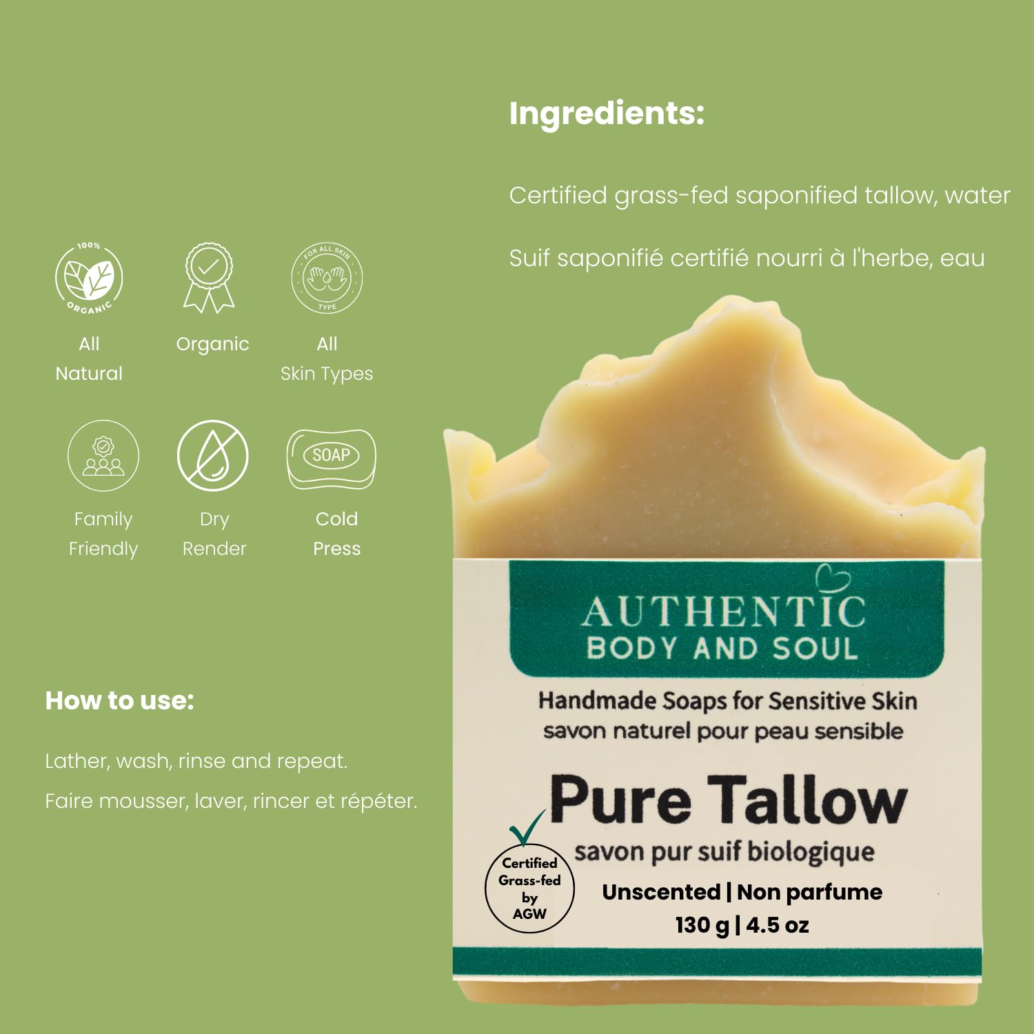 1 Ingredient Organic Tallow Soap for Sensitive Skin - 130 grams each, Pack of 5 - Premium Unscented and Fragrance Free Beef Tallow Skincare, Naturally Gentle (UNSCENTED) (5 Pack Unscented)