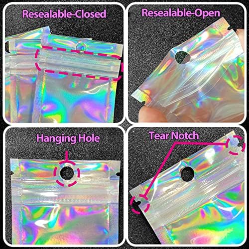 100 Pcs Resealable Holographic Bags Small Ziplock Plastic Smell Proof Baggies for Party Favor Food Storage, Lip Gloss, Candy, Cosmetic & Jewelry Packaging, 2.4x5.9"
