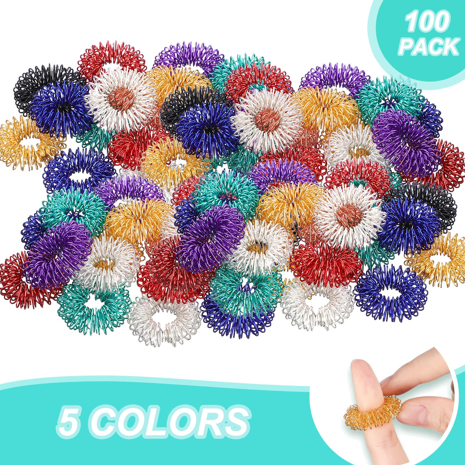 100 Pack Spiky Sensory Finger Rings, Acupressure Rings Spiky Sensory Finger Rings for Teens, Adults, Silent Stress Reducer and Massager Fidget Ring for Anxiety for Men, Women (Bright Colors)