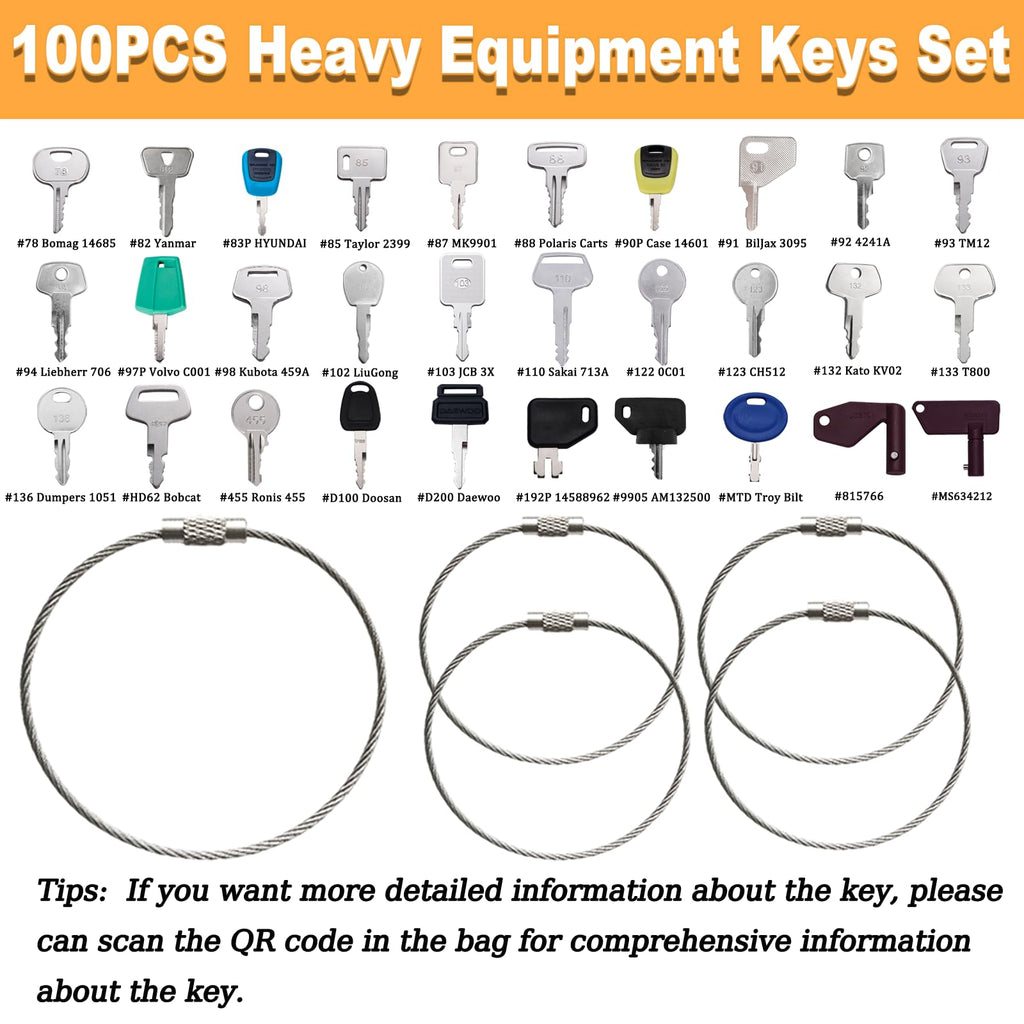 100 Non-Repeating Full Range Master Equipment Key Set, Original Heavy Construction Excavator Dumper Dozer Ignition Key for CAT Kubota John Deere JCB Yanmar Takeuchi Komatsu Volvo Toyota and More