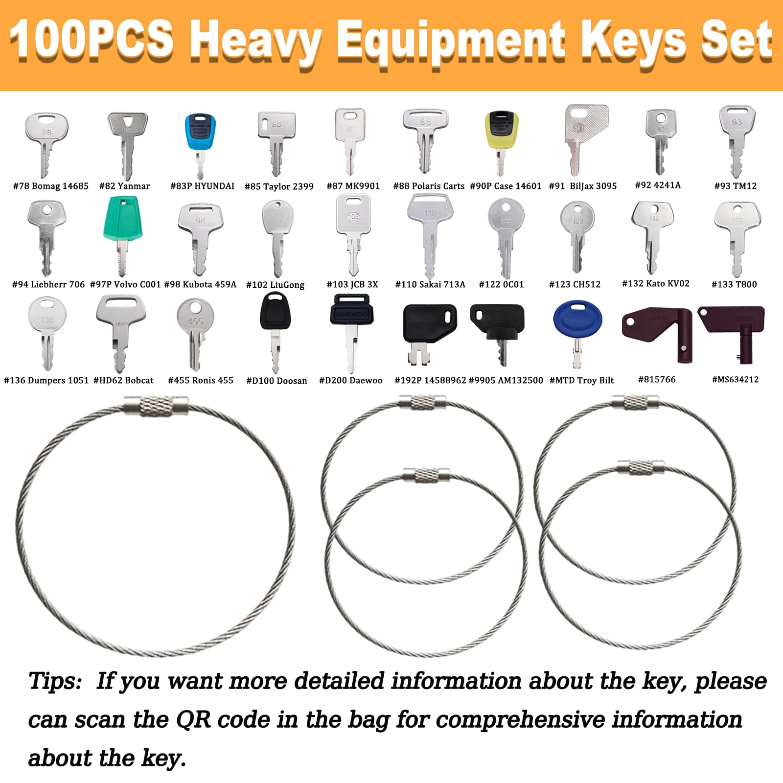100 Non-Repeating Full Range Master Equipment Key Set, Original Heavy Construction Excavator Dumper Dozer Ignition Key for CAT Kubota John Deere JCB Yanmar Takeuchi Komatsu Volvo Toyota and More