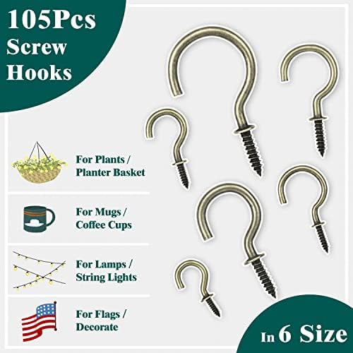 105 Pcs Screw Hooks, 6 Sizes Bronze Cup Hooks, Screw Hooks for Hanging, Metal Cup Hooks Screw in (1/2", 5/8", 3/4", 7/8", 1'', 1-1/4")