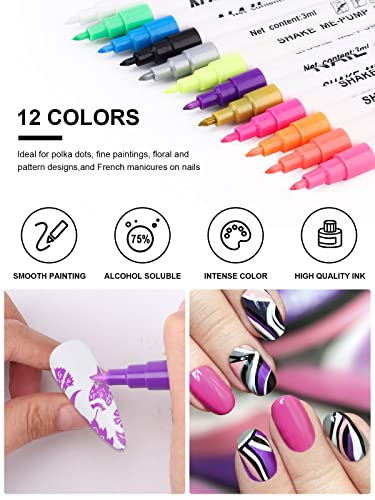 12 Color Fluorescent 3D Nail Art Pens Set, Kalolary Nail Point Graffiti Dotting Pen Drawing Painting Liner Brush for DIY Nail Art Beauty Adorn Manicure Tools(D)