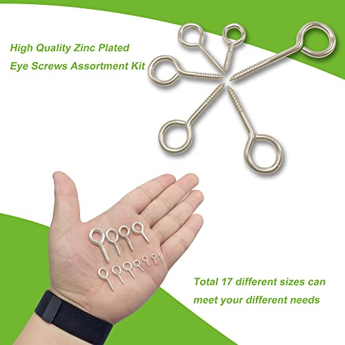1000Pcs Screw Eyes Assortment Kit Silver Nickel Plated Eye Hooks Eye Bolts Metal Eye Pins Eyelet Screw Loops for Hanging Sign, Wind Chime, Jewelry Making 17 Sizes Mini to Large