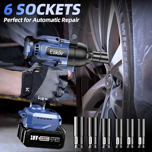 1200 N.m Cordless Impact Wrench 1/2 Inch, 900 Ft-lbs High Torque Brushless Power Impact Gun, 2x5000 mAh Battery, Fast Charge & 6 Sockets, Electric Heavy Duty Impact Driver for Home Car Tires Truck