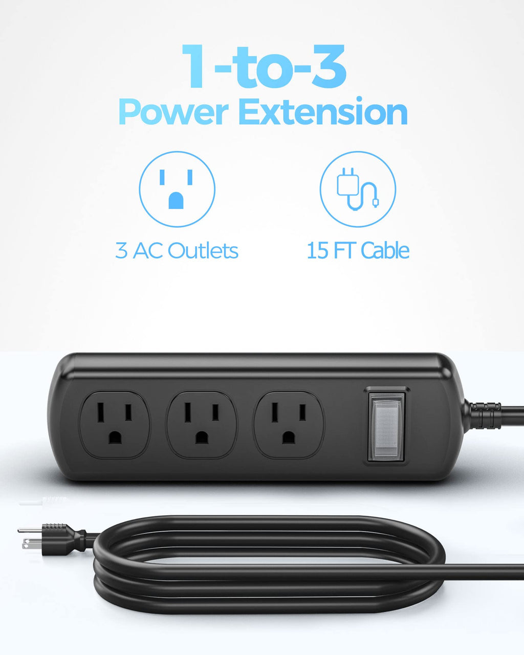 15 FT Outdoor Extension Cord, 3 Wide Outlets Waterproof Power Strip, Weatherproof Surge Protector, Electric Shockproof and Overload Protection for Patio Garden Yard Christmas Lights, Black