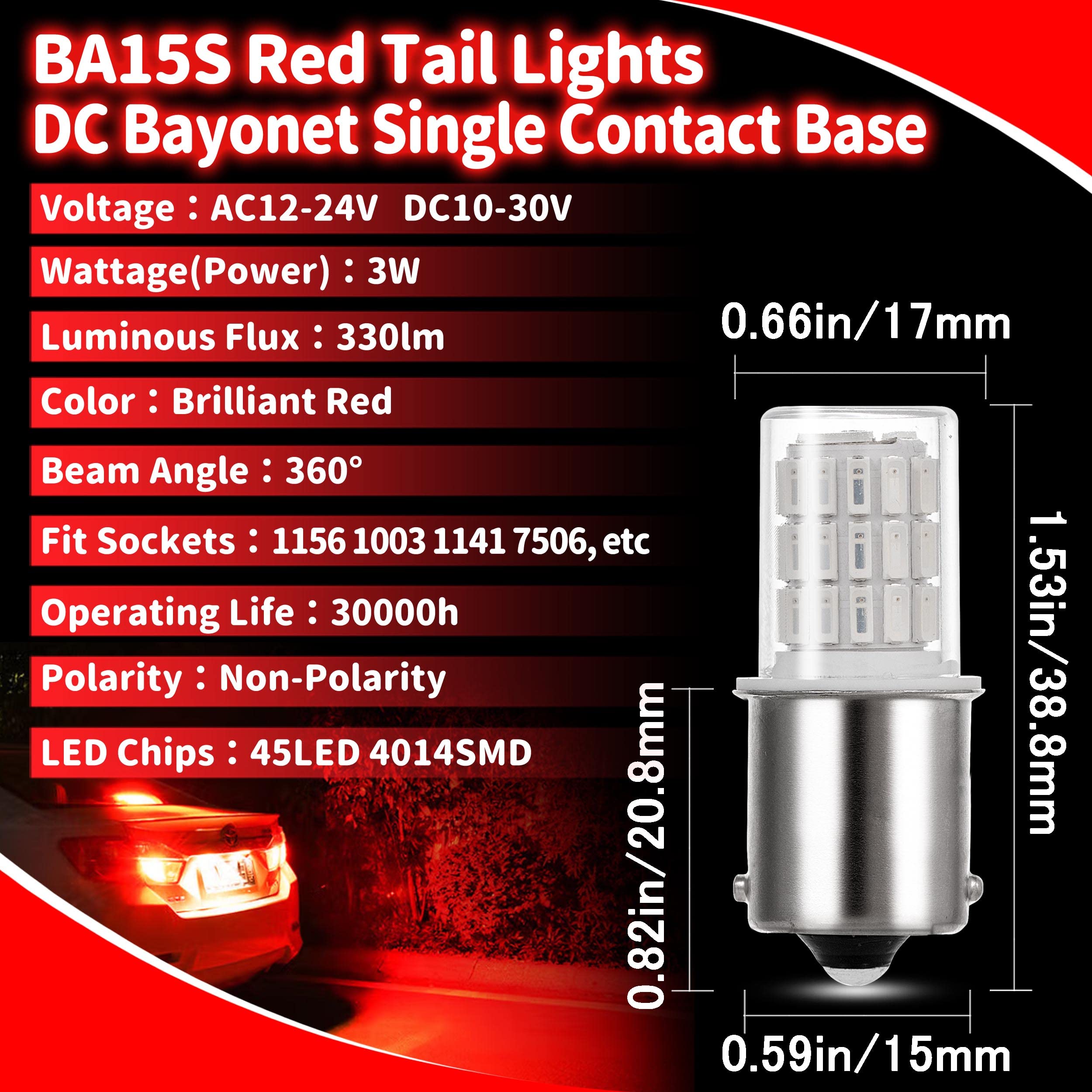 12V 1156 BA15S Red 1003 1141 7506 P21W LED Bulbs,DC Bayonet Single Contact Base,AC10-24V DC10-30 volt LED Replacement for Brake,Tail Lights,Blinker,Turn Signal,Parking or Running Lights,4Pack