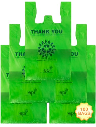 100 Count Recyclable Compostable 100% Biodegradable T-Shirt Bags | Eco-Friendly Grocery Shopping Bags | 11.5" x 6.25" x 21" | 16 Mic