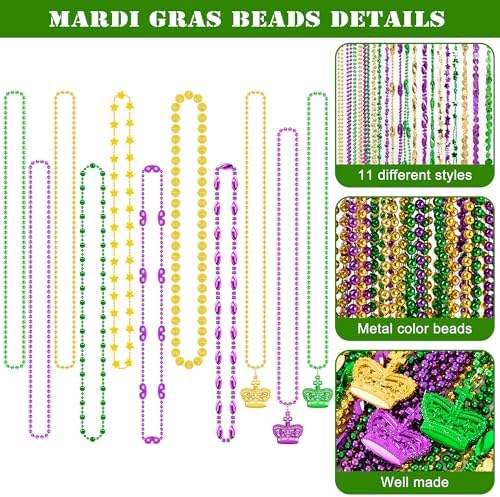 100PCS Mardi Gras Accessories, 11 Kinds Mardi Gras Beads Coins Mask Shape Necklace, Metallic Green Purple Gold Beads Parade Throw Costumes, Festival Carnivals Celebration Events Party Throws Supplies