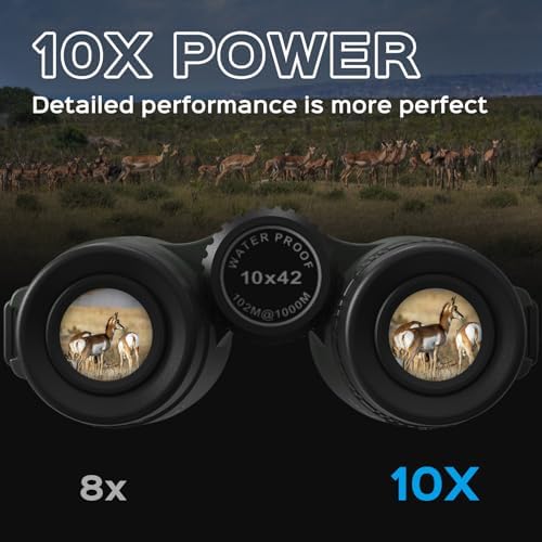 10x42 Binoculars - HD Optical System, Fully Multi-Coated Lens and BAK4 Prism, IPX7 Nitrogen-Filled Waterproof, Fogproof, Shockproof, Rubber Armoring, Tripod Adaptable, with Carrying Bag