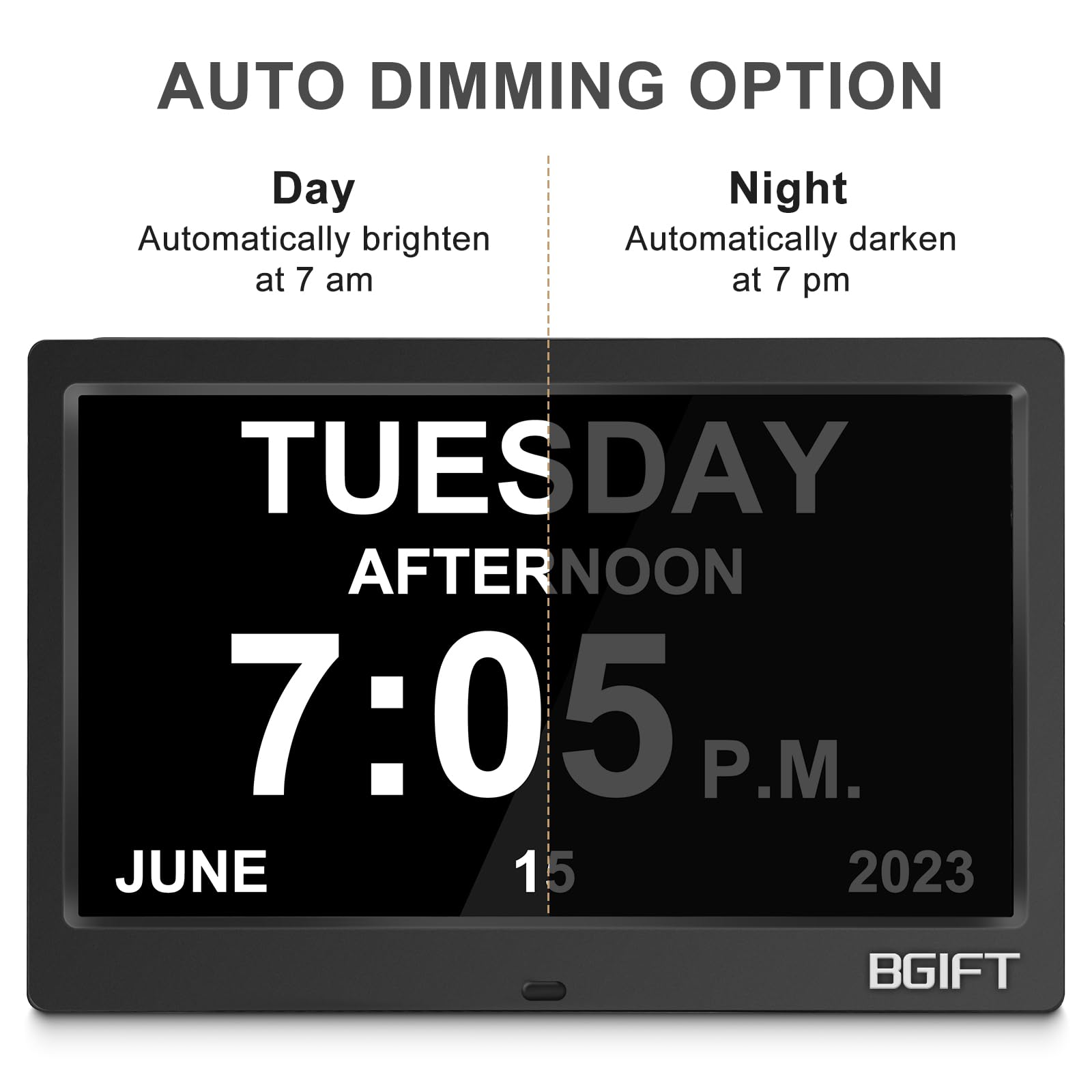 10.1" Digtal Clock with Day and Date for Seniors, Large LCD Display, Auto Dimmable, 12 Alarm Settings - Best Gift for Elderly