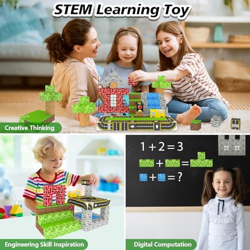 100PCS Magnetic Building Blocks for Kids Ages 4-8,Magnet STEM Sensory Toys- Mine World Build Set,Tiles Road Track,Christmas Birthday Gifts Toy