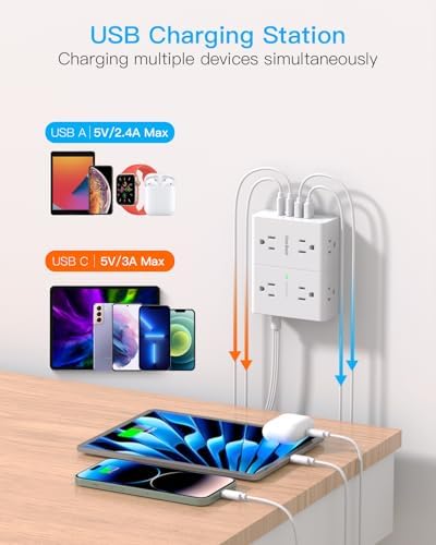 10Ft Extension Cord with Multiple Outlets, Flat Plug Power Strip Surge Protector 10 Ft Long Cord, 8 Outlet 4 USB Ports (2 USB C), Multi Outlet Wall Plug for Home Office, College Dorm Room Essentials