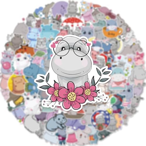 100 Pieces Hippo Stickers Cartoon Vinyl Waterproof Stickers for Laptop,Guitar,Motorcycle,Bike,Skateboard,Luggage,Phone,Hydro Flask, Gift for Kids Teen Birthday Party
