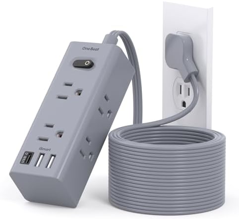 15Ft Extension Cord with Multiple Outlets, Flat Plug Power Strip Surge Protector with 15 Ft Long Cord, 6 Outlet 3 USB Ports (1 USB C), Multi Outlet Wall Plug for Travel, College, Dorm Essentials-Grey