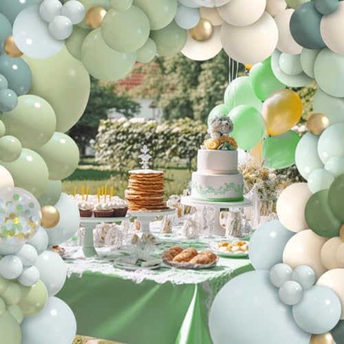 150Pcs Dusty Blue Green Balloon Garland Arch Kit, Ash Mist Green Haze Fog Blue Sand White Gold Balloons for Baby Shower Jungle Safari Woodland Wild One Bridal Birthday Party Decorations