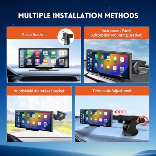 10.26" HD Wireless Android & Carplay Screen for Car, Portable Touchscreen Car Stereo with 4K Dash Cam, 1080P Backup Camera, Bluetooth, AUX/FM, Siri, Mirror Link, GPS Navigation