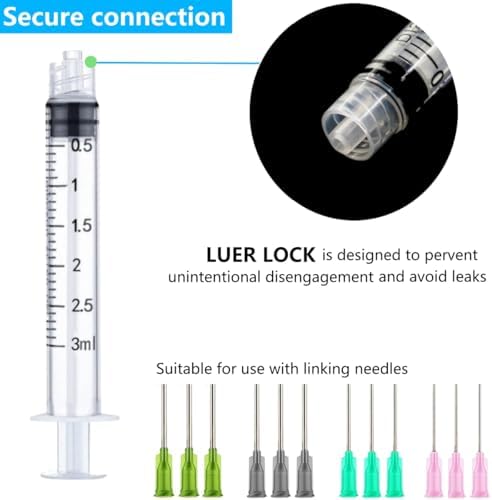 100 Pack 3ml/cc Plastic Syringe Luer Lock Tip - Liquid Measuring Syringe Tools (No Needle) - Sterile Individually Sealed Wrapped
