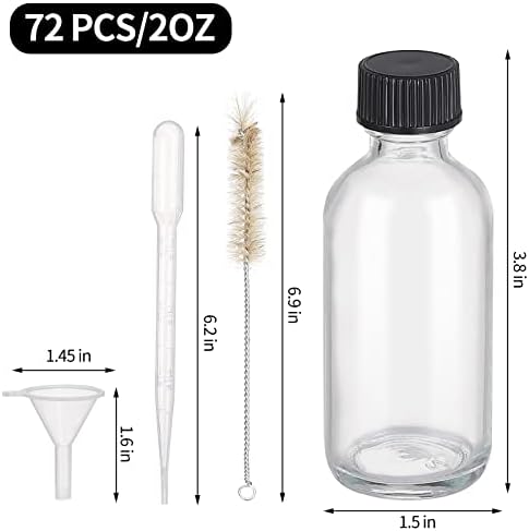 (Pack of 72) 2oz Small Clear Glass Bottles(60ml) with Lids Boston Round Travel Bottles for Vanilla Hot Sauce Juice Whiskey Liquid come with 72 Labels,5 Funnels,5 Droppers,1 Brush&Chalk Marker