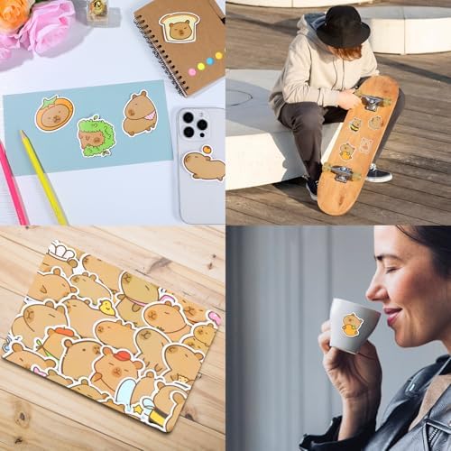 102Pcs Capybara Stickers, Kawaii Stickers Cute Animal Sticker Waterproof Vinyl Brown Cartoon Animal Decals for Water Bottle Laptop Luggage Snowboard Guitar Scrapbook Skateboard Phone