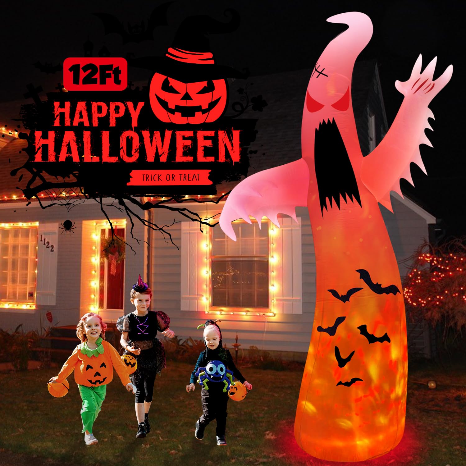12FT Giant Halloween Inflatables Ghost Outdoor Decorations with 3-Color Rotating Flame LEDs Blow Up Yard Halloween Decorations Outdoor Scary Red Eye Spooky for Lawn Garden Holiday Party Decor