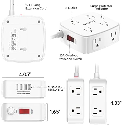 10 Ft Surge Protector Power Strip - YISHU 3 Side Outlet Extender with 8 Widely AC Outlets and 4 USB Ports, 10 Feet Extension Cord with Flat Plug, Wall Mount Desk USB Charging Station, ETL,White