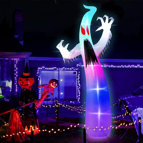 14 FT Halloween Outdoor Inflatables, Giant Scary Ghost Inflatables Decorations, Built-in RGB Color Changing Lights Blow Up Spooky Red Eye Ghost Decor for Lawn Garden Haunted House Outdoor
