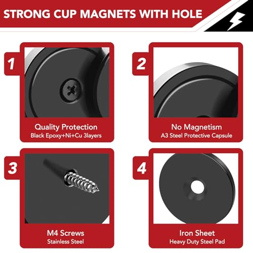 150LBS Waterproof Neodymium Magnets, Strong Magnets Heavy Duty with Screws and Iron Sheets, Round Base Cup Magnet with Countersunk Hole for Wall Mounting, Tools Hanging, etc - Black 6Pcs
