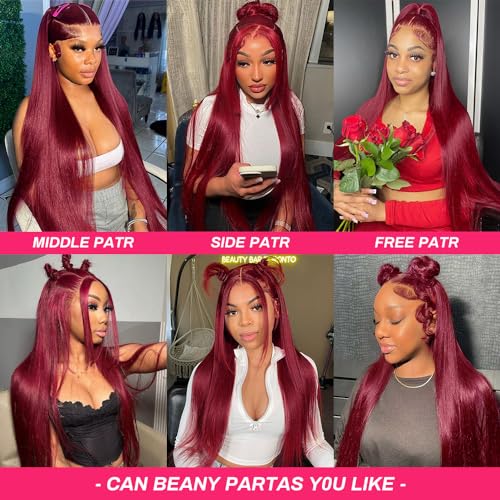 13x4 Straight Lace Front Wigs Human Hair 99J Burgundy HD Lace Front Wigs Human Hair Pre Plucked with Baby Hair 150 Density Human Hair Wigs for Black Women(16Inch)