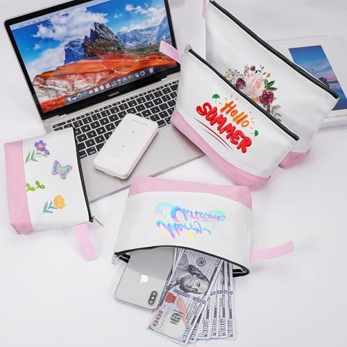 10 Pieces Cotton Canvas Makeup Bag with Bottom and Strap, Multi-Purpose Cosmetic Bag with Zipper Travel Toiletry Pouch, Blank DIY Craft Bag (White&Pink, S)