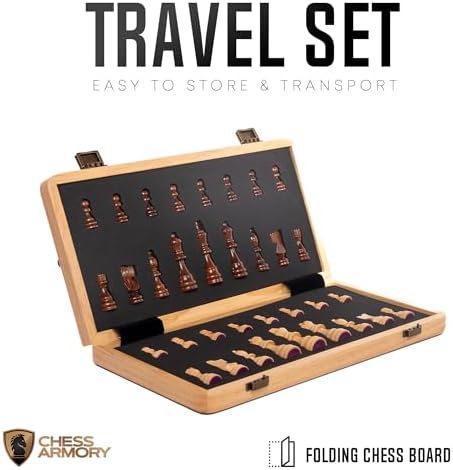 15 Inch Magnetic Wooden Chess Set for Adults & Kids - Folding Travel Chess Board with Handcrafted Staunton Pieces, Extra Queens, and Storage Slots