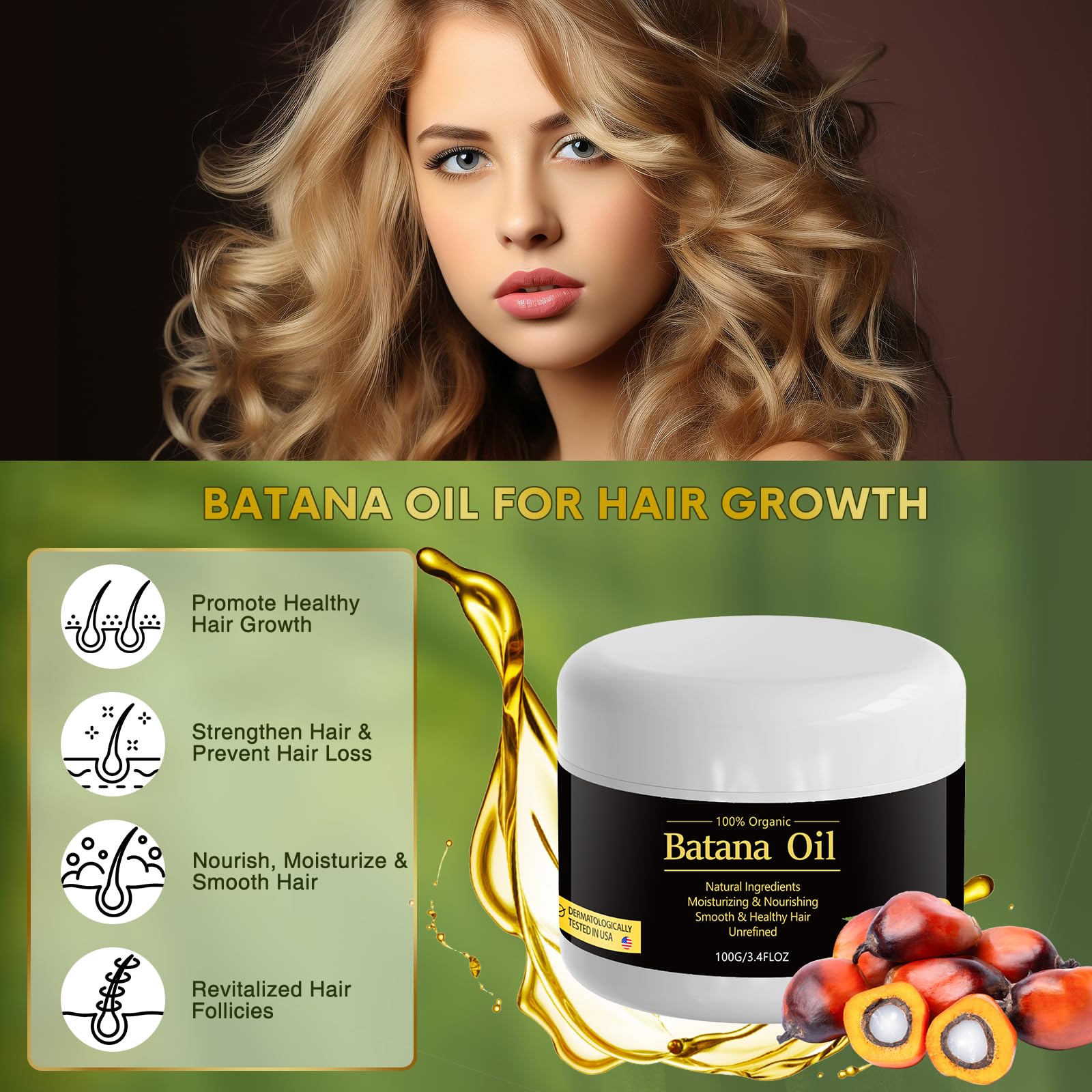 100% Raw Batana Oil for Hair Growth, Natural Pure Dr Sebi Batana Hair Oil from Honduras, Unrefined Organic Batana Oil for Anti Hair Loss, Eliminates Split Ends for Men & Women, 3.4 FL oz