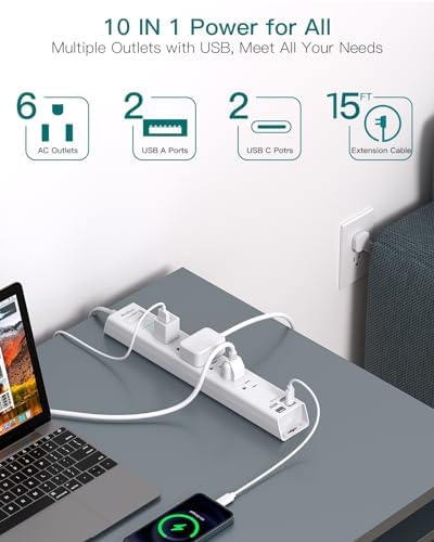 15FT Power Strip Surge Protector, Extension Cord with Multiple Outlets, 6 AC Outlet 4 USB (2 USB C), Flat Plug, Wall Mount, Multi Plug Outlet Extender for Home Office Dorm Room Essentials