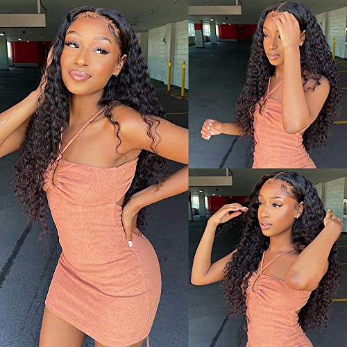 13x4 Deep Wave Lace Front Wigs Human Hair Pre Plucked 180% Density HD Deep Curly Lace Frontal Wigs Human Hair Glueless Curly Human Hair Wigs for Women Natural Black (13x4 Deep Wave Wig, 24 Inch)