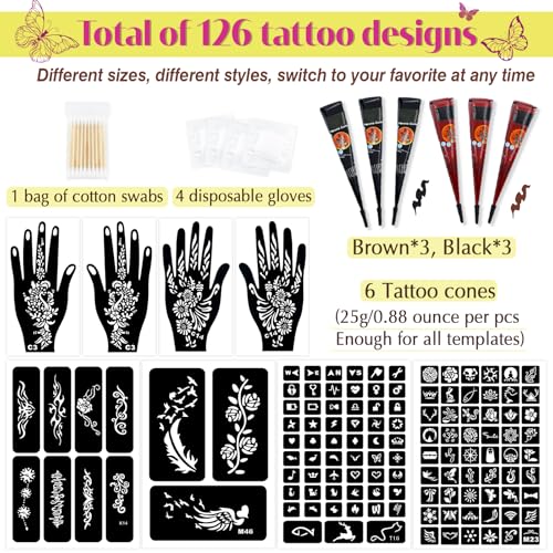 126 PCS Temporary Tattoos Stencils Kit,Henna Tattoos Kit - 6 Pcs 2 Color(Brown Black) Ink with Gloves,DIY Body Art Painting for Women Men Adults Kids