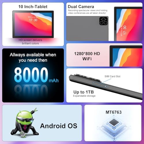 10.1 Inch Android 13 Tablet with SIM Card Slot 4G LTE Calling,12GB+512GB, 8000mAh Battery, Triple Camera, Bluetooth/WiFi, Bundle with Case, Keyboard, Mouse & Stylus (Black)