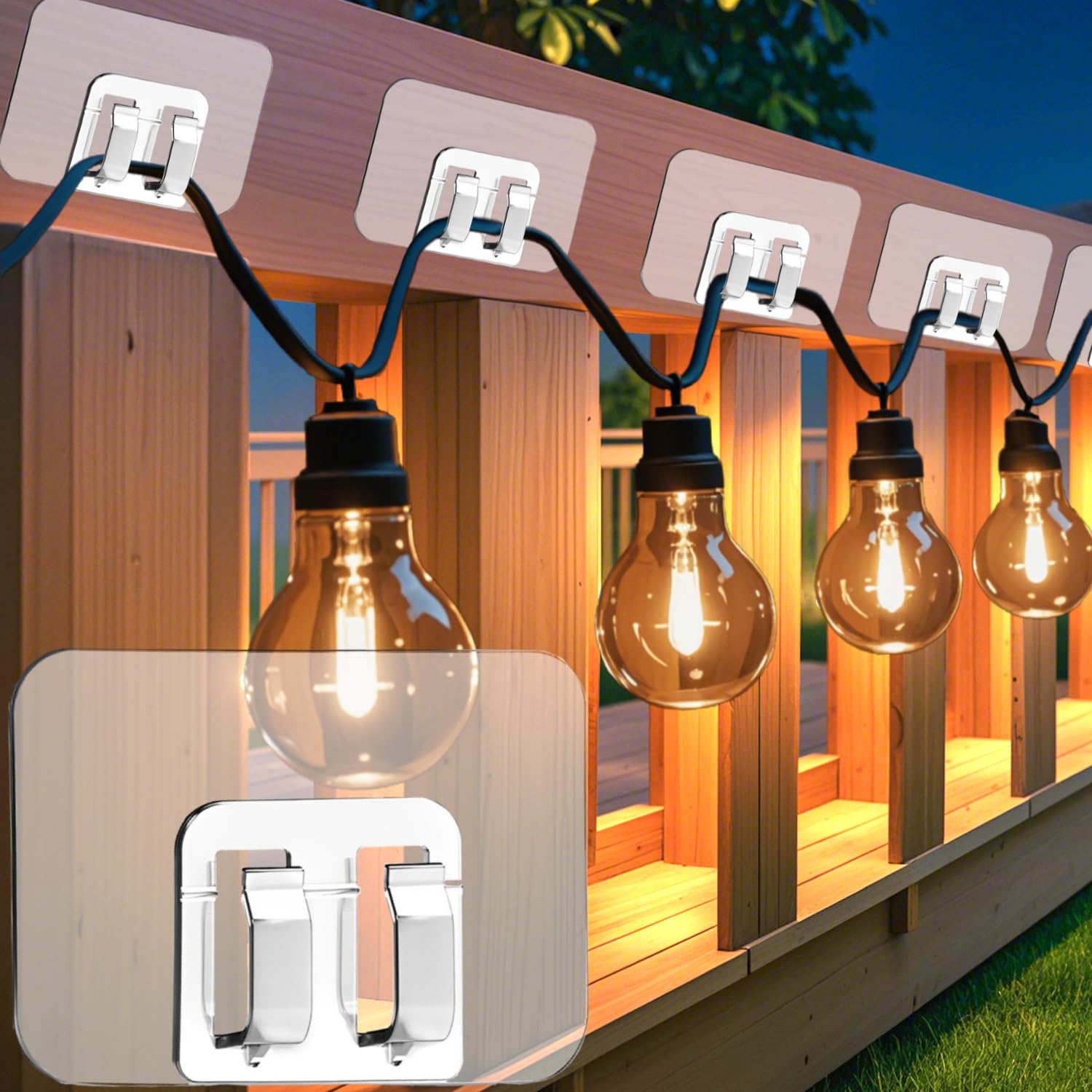 100Pack Hooks for Outdoor String Lights Clips with Adhesive Strips - Waterproof, UV-Resistant, No-Damage, Tool-Free Installation for Christmas, Patio,Garden Balcony Decor,Cable Holders for Hanging
