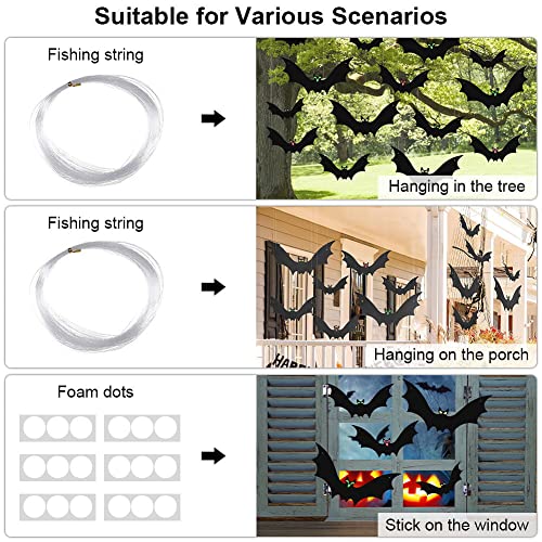 (18 Pcs) Hanging Bats Halloween Decoration Outside, Large Flying Plastic Bats Outdoor Decor, 3 Different Sizes with Cute Eye Stickers for Hanging in The Tree, Porch, Yard, Lawn, Indoor