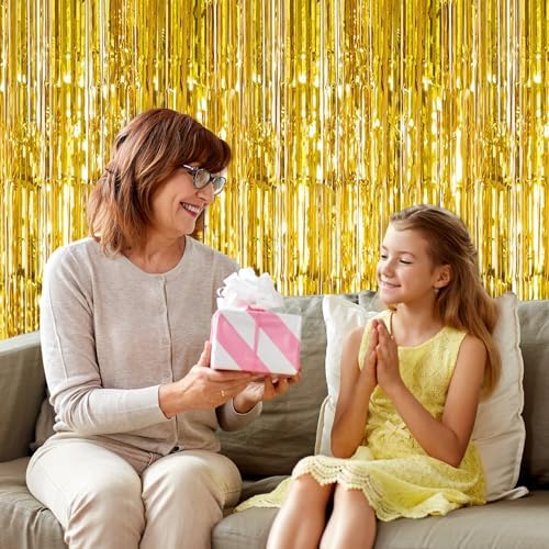 10 Pack Gold Foil Curtain Backdrop 3.2ft x 9.8ft Gold Metallic Tinsel Foil Fringe Curtains Streamer Photo Booth Backdrop for Birthday Party Engagement Bachelorette Party Decorations (Gold)